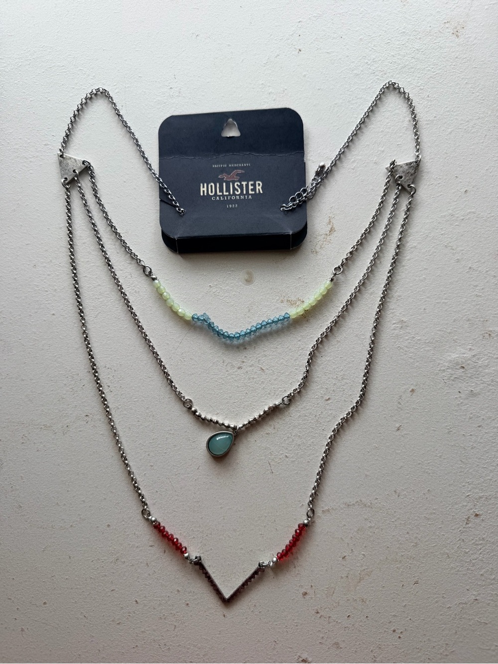 Hollister Layered Silver Necklace with Blue Teardrop and Multicolor Beads
